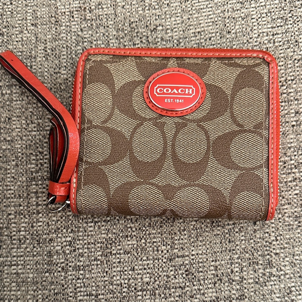 Coach Tan and Red Monogram Wallet
